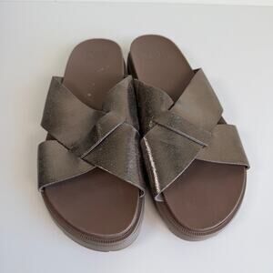 Sorel Roaming Criss Cross Slide Sandal Metallic Taupe Comfort Platform Size 10